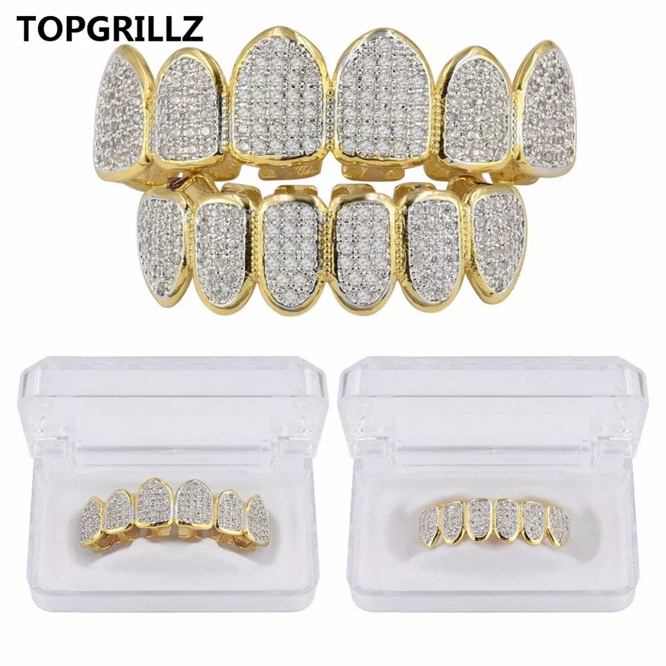Europe and America Hip Hop Iced Out CZ Gold Teeth Grillz Caps Top Bottom Diamond Teeth Grillzs Set Men Women Grills