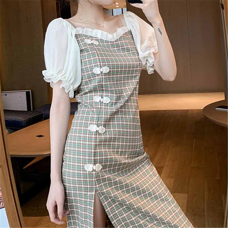 2021 New Korean summer mid-length chess bubble grace sleeve women puff buckle plate edge of middle ear dress Z2OA