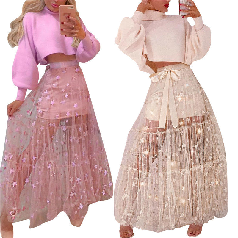 Casual High Waist Transparent Skirt Mesh Star Printed Skirts 2021 Holiday Summer All Matching Streetwear Chic Loose Women Skirts R6W1