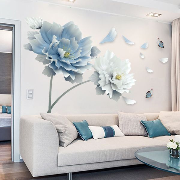 Large White Blue Flower Lotus Butterfly Removable Wall Stickers 3D Wall Art Decals Mural Art for Living Room Bedroom Home Decor Y200102