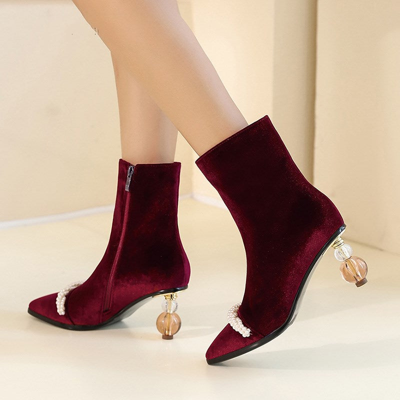 2021 Fashion Ankle Boots Front Pearl Beads Crystal High Heels Short Plush Lining Velvet Suede Party Office Flock Booties