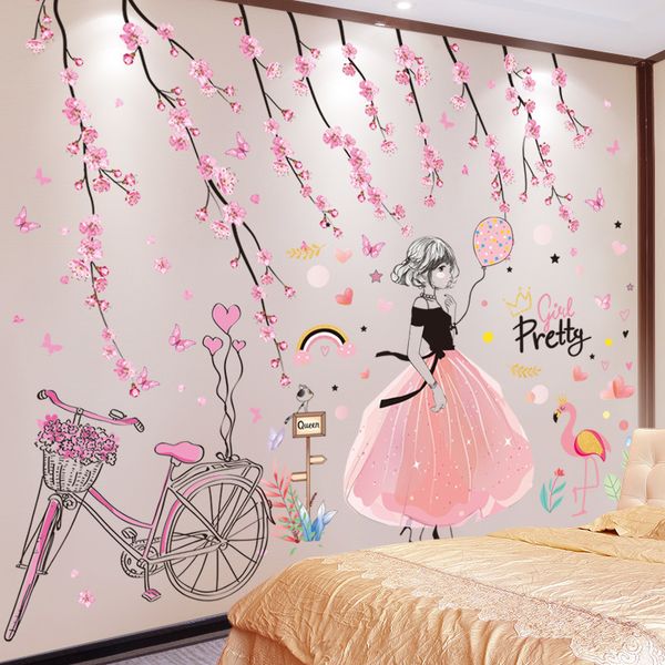 [shijuekongjian] Cartoon Girl Wall Stickers DIY Peach Flowers Bicycle Mural Decals for Kids Rooms Baby Bedroom House Decoration 201106
