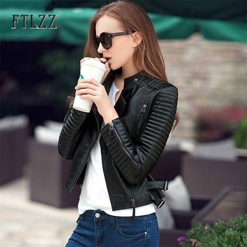 Streetwear Style Faux Leather Jacket Women Bike Moto Coat New Autumn Turn-down Collar Zipper Ladies Fashion Pu Leather Coats 201223