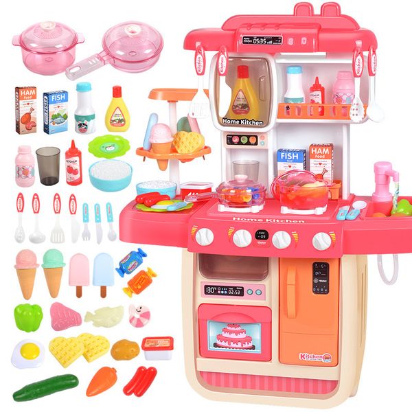 Blue- Pink Kids Kitchen Pretend Play Toys Set 38Pcs 70CM Height Large Size Children Cooking Playset With Spray&Sound LJ201009