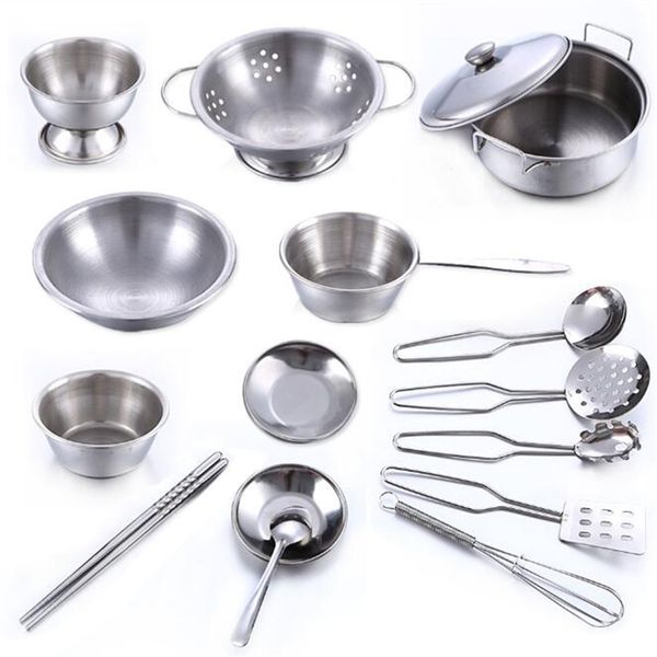 -Set Stainless Steel Kids House Kitchen Toys Cooking Cookware Pots Pan Children Pretend Play Kitchen Playset LJ201009