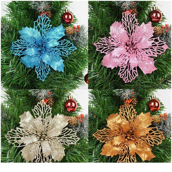 9 11 16cm Christmas Artifical Flowers Glitter Poinsettia For Christmas Tree Ornaments Flower Decoration 5pcs C jllnBL