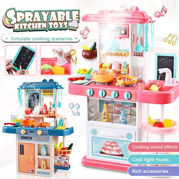 Cooking Kid Kitchen Toy Simulation Miniature Kitchen Spray Water Pretend Play Kitchen Table Pans Food Dishes Cookware Dinnerwar LJ201009