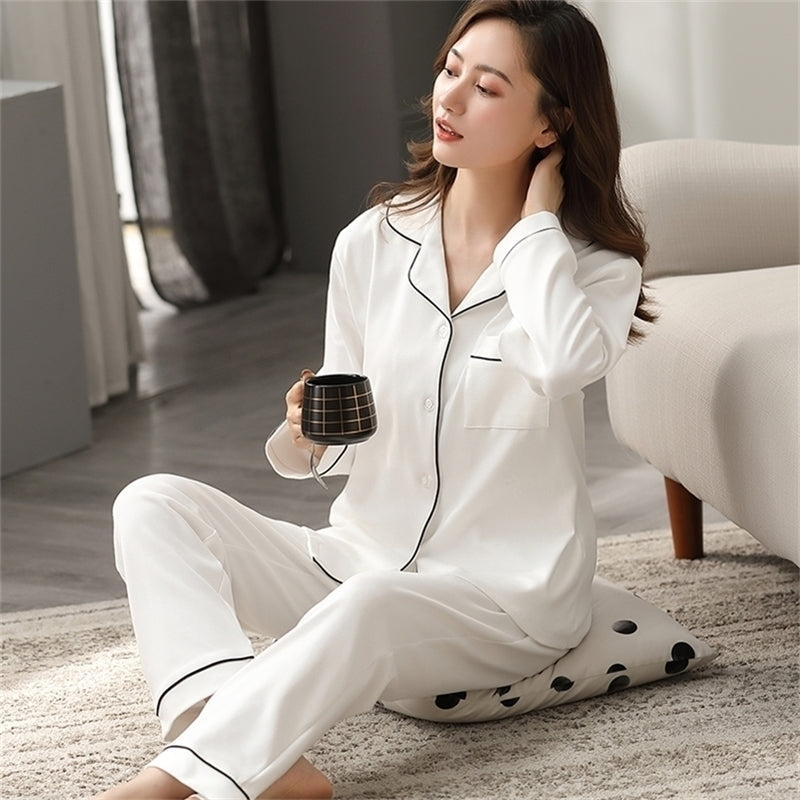 100% Cotton Pajamas for Women PJ Full Sleeves Pijama Mujer Invierno Button-Down Winter Sleepwear Set Women White Cotton Pyjamas 201217