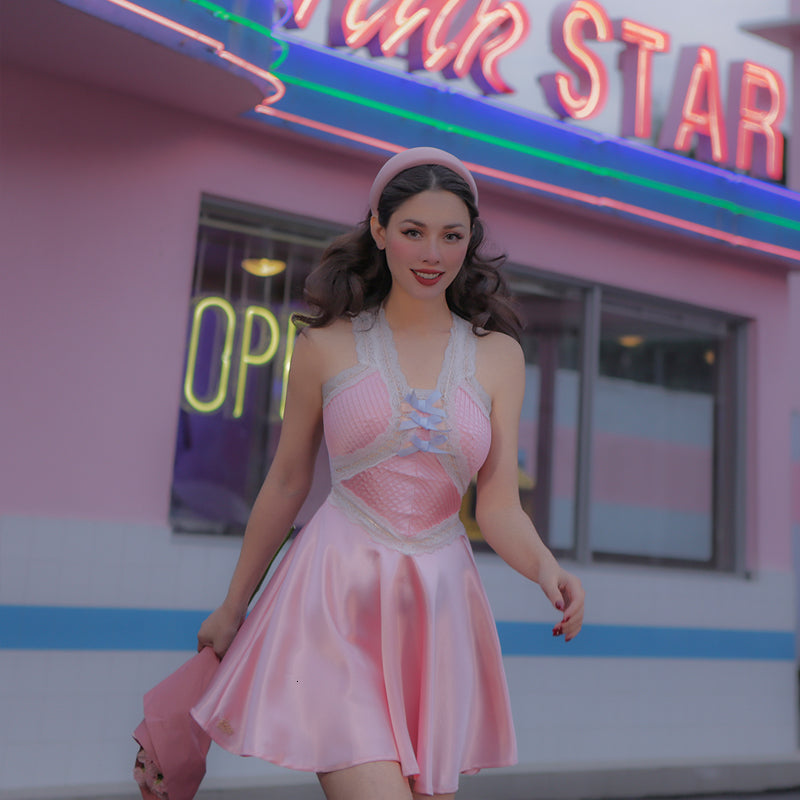 2021 Le Palais Original New Hair Label Pink Spaghetti Strap Above Knee Women Clothed on v Decorated Dress in Candy B50F