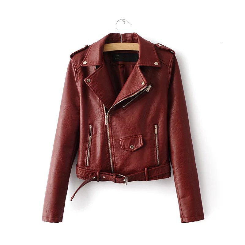 2021 New Korean Version Soft Leather Women Outerwear Casual Basic Moto & Biker Coat 5 Color Black Red Yellow Pink Pu Short Jacket Iafd