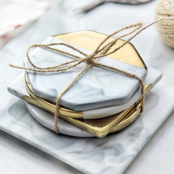 Gold Plating Marble Grain Coasters Ceramics Coaster Tea Cup Mat Kitchen Pad Round Coaster Coffee Place Mats Tableware 4pcs-set 201123