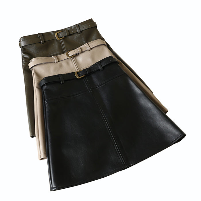 2021 New Quality Leather Autumn Winter Korean Version High Waist Skirts Womens Elegant Zipper Black Green Mini Skirt Azto