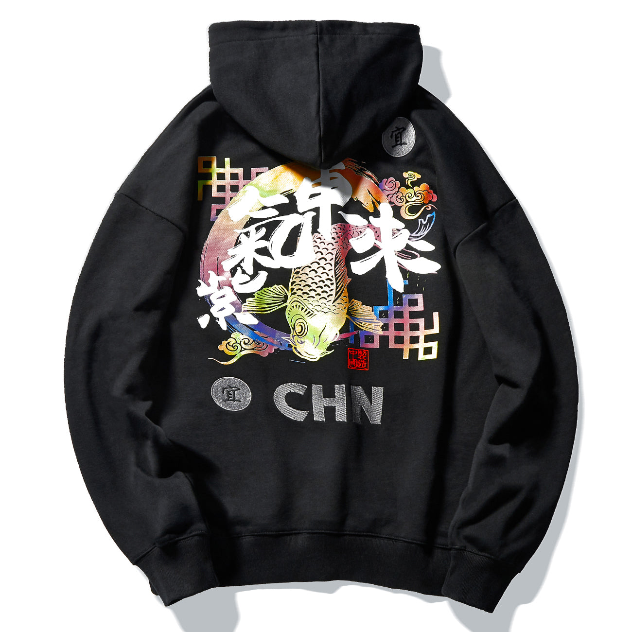 2021 New Ss Hip Hop Streetwear Chinese Kanji Koi Fish Winter Hooded Pullover Mens Cotton Harajuku Hoodie Swatshirt Loose Black Gnkj