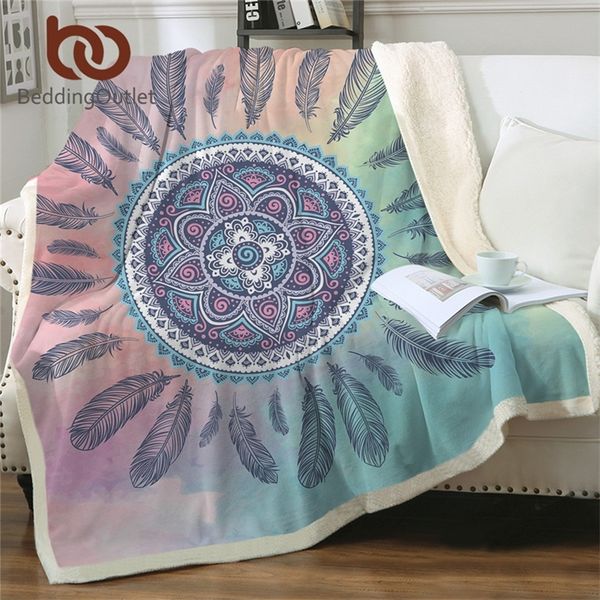 BeddingOutlet Mandala Boho Throw Blanket Dreamcatcher Bohemian Sherpa Fleece Blanket Plush Bedding Pink Blue Blanket for Beds 201112