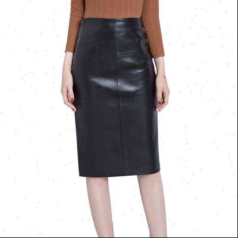 Autumn Winter Sheepskin Genuine Leather Women Skirts Midi High Waist Split Package Hip Plus Size 4XL H167