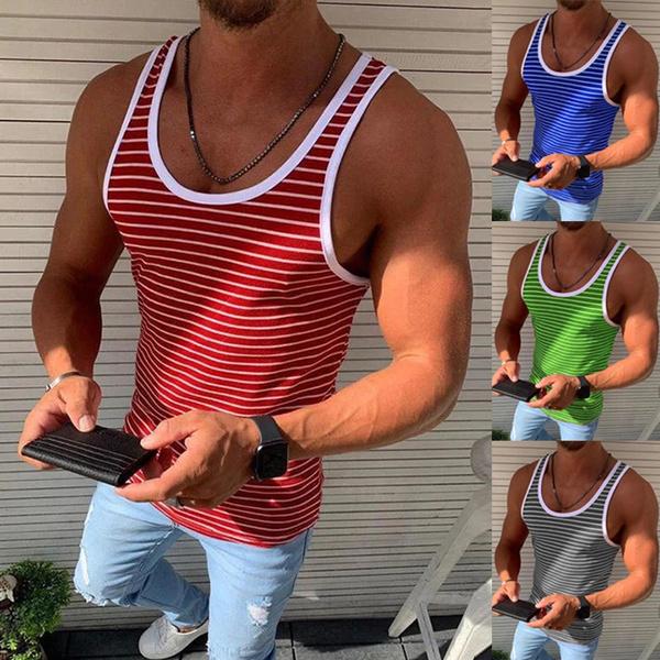 Men&#039;s Tank Tops Men Vests Summer Sleeveless Shirts Gym Clothing Stripped Sports Casual Fitness Tanks Slim Fit Mens Bodybuilding