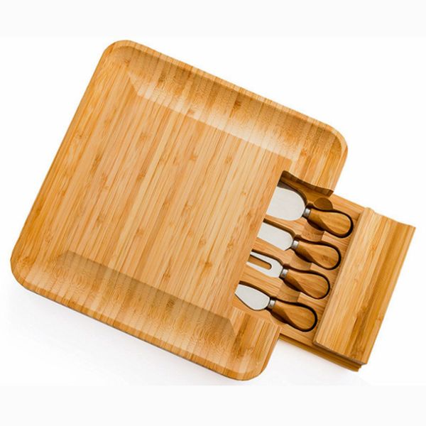 20pcs Bamboo Cheese Board Set With Cutlery In Slide-Out Drawer Including 4 Stainless Steel Knife and Serving Utensils, Housewarming Wedding