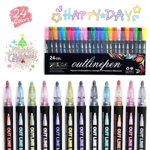 24pcs-set Double Line Pen Outline Metallic Markers Magic Shimmer Paint Pens for Kids Adults Drawing Pen Art Painting Learning Supplies 0874