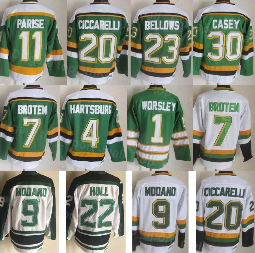 Men Vintage Retro Ice Hockey 9 Mike Modano Jersey 7 Neal Broten 23 Brian Bellows 4 Craig Hartsburg 20 Dino Ciccarelli 1 Gump Worsley 30 Jon Casey 11