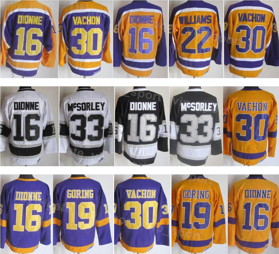Men Hockey Vintage Retro 30 Rogatien Vachon Jersey 33 Marty McSorley 22 Tiger Williams 19 Butch Goring 16 Marcel Dionne 32 Kelly Hrudey Yellow Purpl
