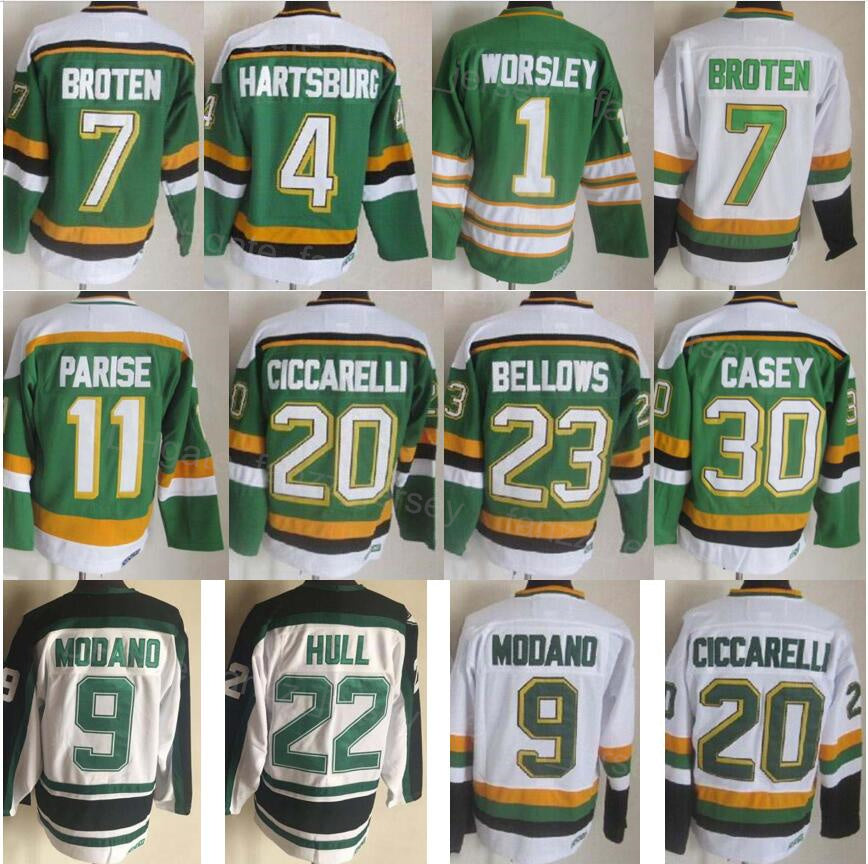 Men Retro Ice Hockey Vintage 23 Brian Bellows Jerseys 4 Craig Hartsburg 20 Dino Ciccarelli 1 Gump Worsley 30 Jon Casey 9 Mike Modano 7 Neal Broten 1