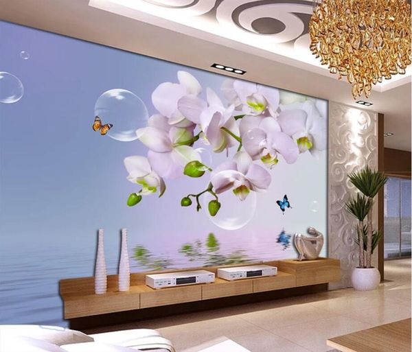 Custom large wallpaper 3d mural dreamy butterfly orchid bubble orchid reflection TV background wall papers home decor