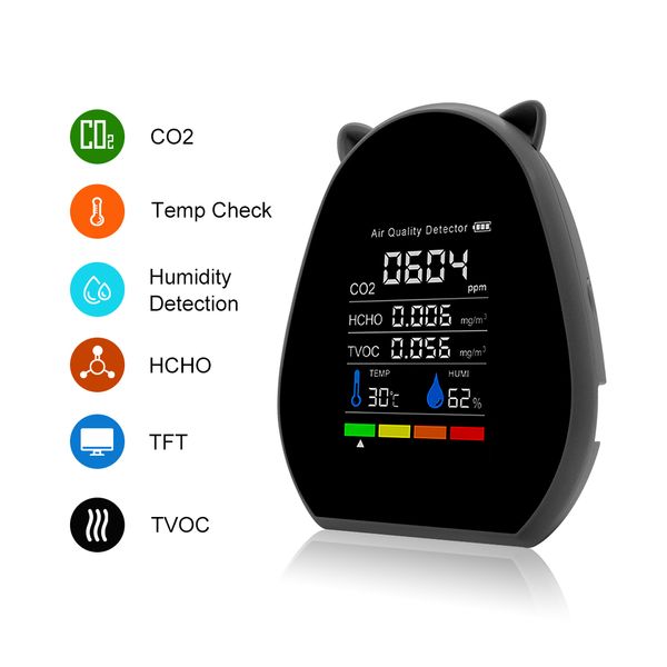 Gas Analyzers 5 in 1 CO2 Meter Multifunctional Digital Temperature Humidity Tester TVOC HCHO Carbon Dioxide Detector Air Quality Monitor