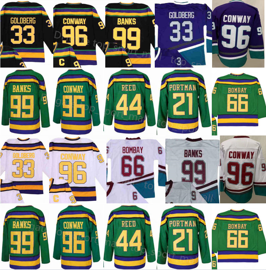 The Mighty Vintage Hockey 96 Charlie Conway Jersey 99 Adam Banks 21 Dean Portman 44 Fulton Reed 33 Greg Goldberg 66 Gordon Bombay Movie Green Purple