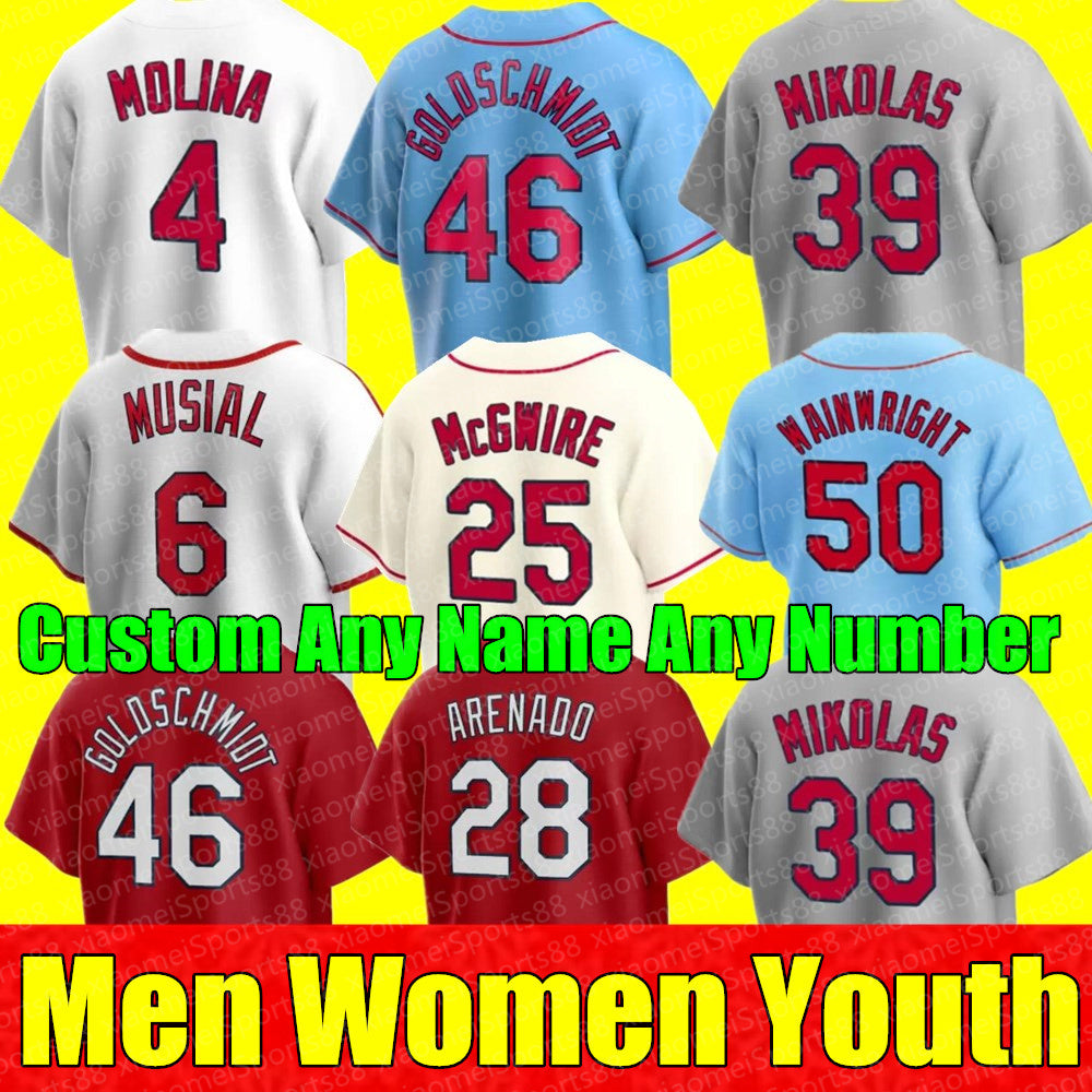 New Custom Men Women Youth Jersey 28 NOLAN ARENADO 46 PAUL GOLDSCHMIDT ST. LOUIS 4 YADIER MOLINA CARDINALS OZZIE SMITH DEXTER FOWLER Baseball Jersey
