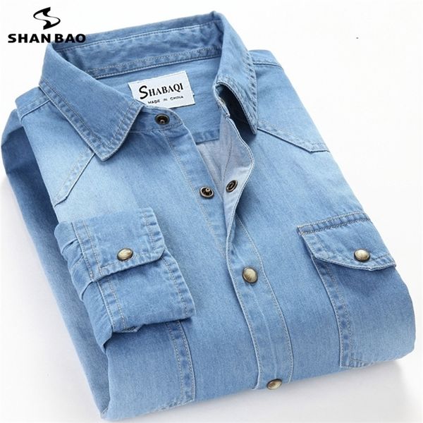 SHAN BAO Men&#039;s Slim Denim Shirt spring High Quality 100% Cotton Square Collar Pocket Button Fashion Long Sleeve 220322