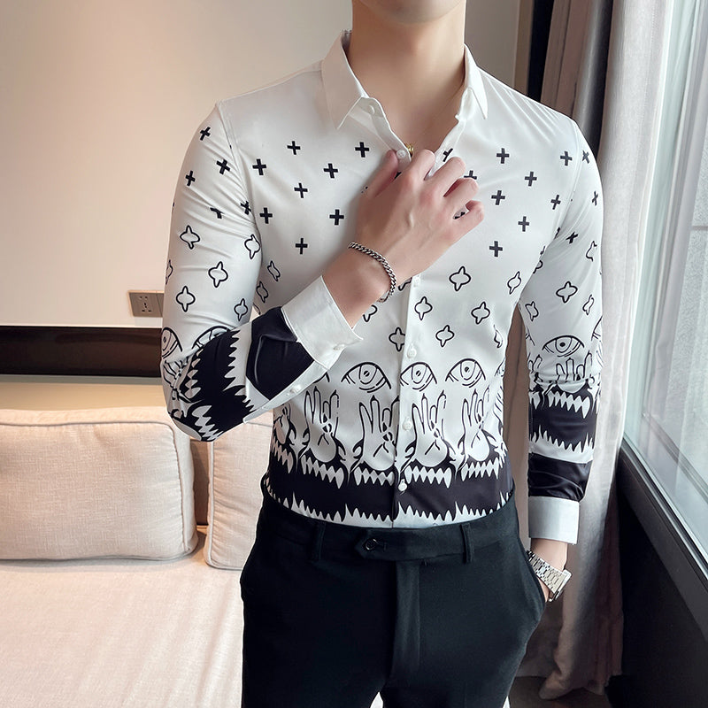 2022 spring and summer new hot drill longsleeved printed shirt mens slim trend youth handsome casual shirt