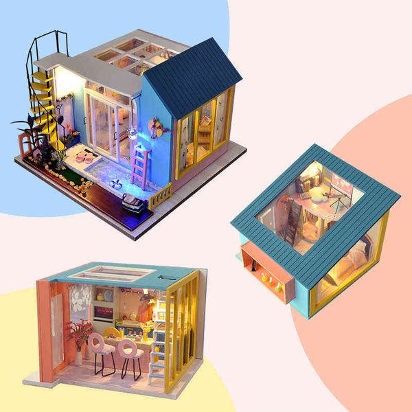 Diy Miniature Dollhouse Kit Bedroom Living Room Kitchen 3in1 Villa Little Kids Toys Wooden Doll House Furniture For