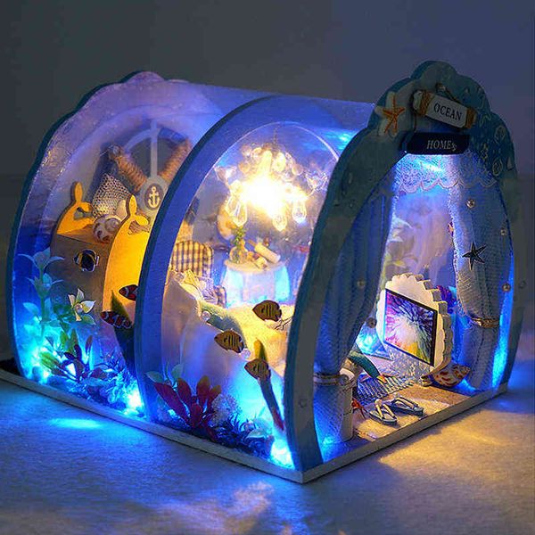 Diy Dollhouse Miniature Building Kit Roombox Undersea Tiny Mini Model Wooden Doll House Furniture Toys For Children Gifts AA220325