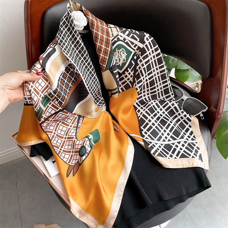 Fashion Brand Classic Simple Letter Design Satin Luxury Square Scarf Outdoor Shawl Silk Turban Beach Wrap Women Scarves 90x90cm
