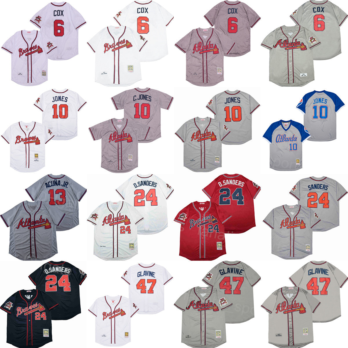 1995 1999 Vintage Baseball 13 Ronald Acuna Jr Jersey Retro 10 Chipper Jones 6 Bobby Cox 24 Deion Sanders 47 Glavine Stitched Red White Grey Pullover
