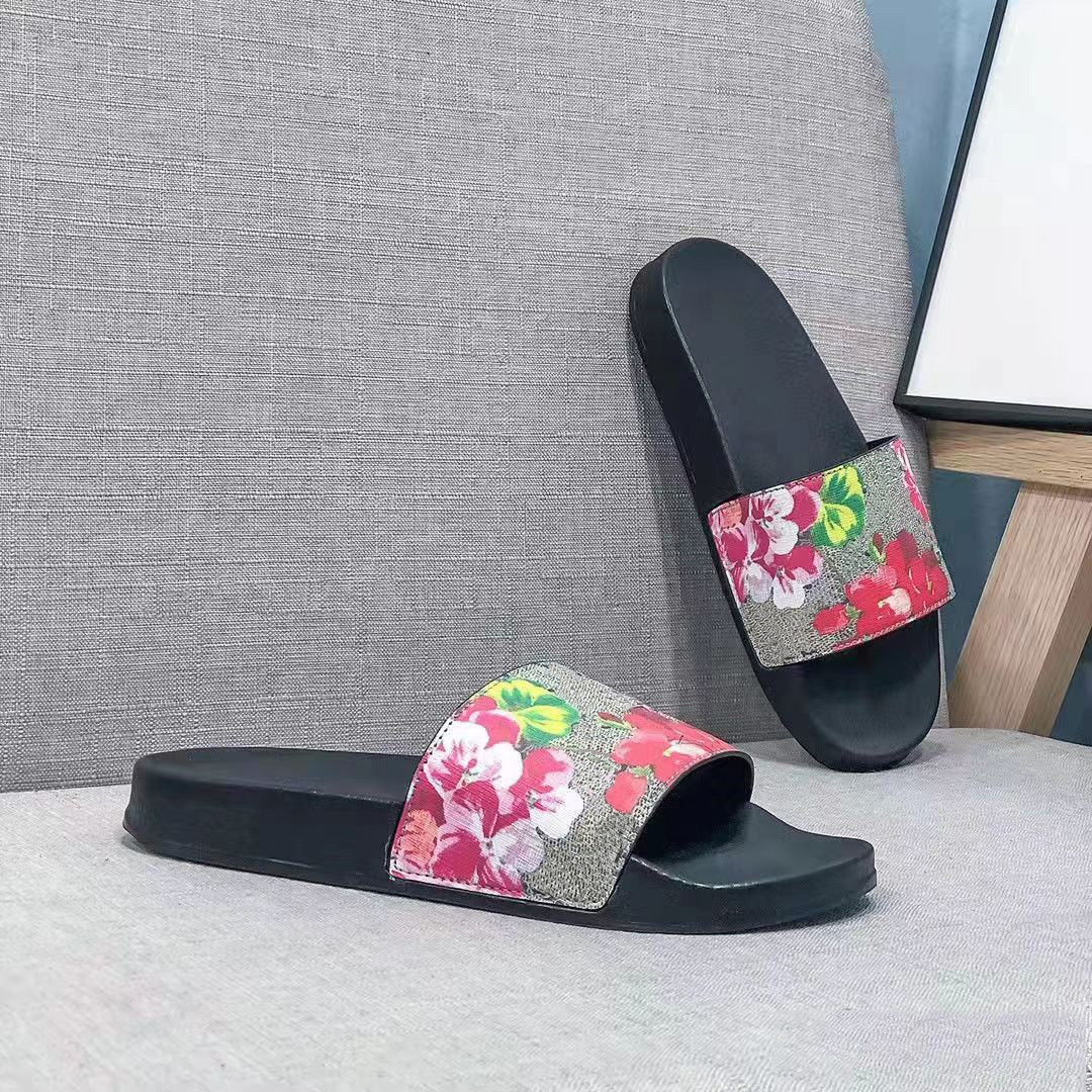 Men Women Slippers Sandals Strap Original Dust Bag Floral Print Leather Webbing Black Shoes Fashion Luxury Summer Beach Sneakers0009