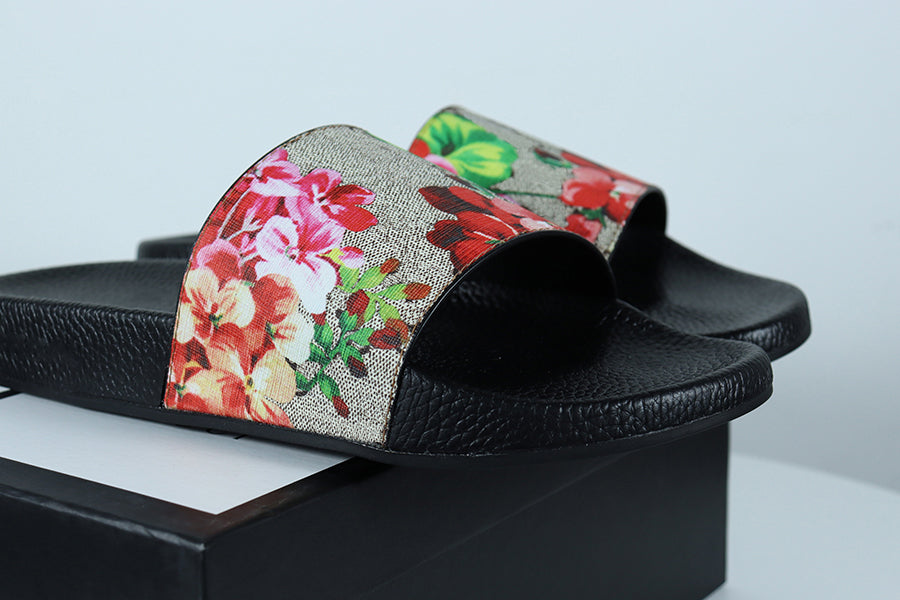 Men Women Slippers Sandals Strap Original Dust Bag Floral Print Leather Webbing Black Shoes Fashion Luxury Summer Beach Sneakers0006445