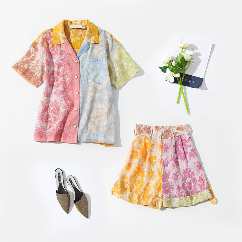 Women&#039;s Blouses & Shirts Australian designer brand summer color contrast splicing Style Short Sleeved Shirt Top Shorts Set women XR2Q