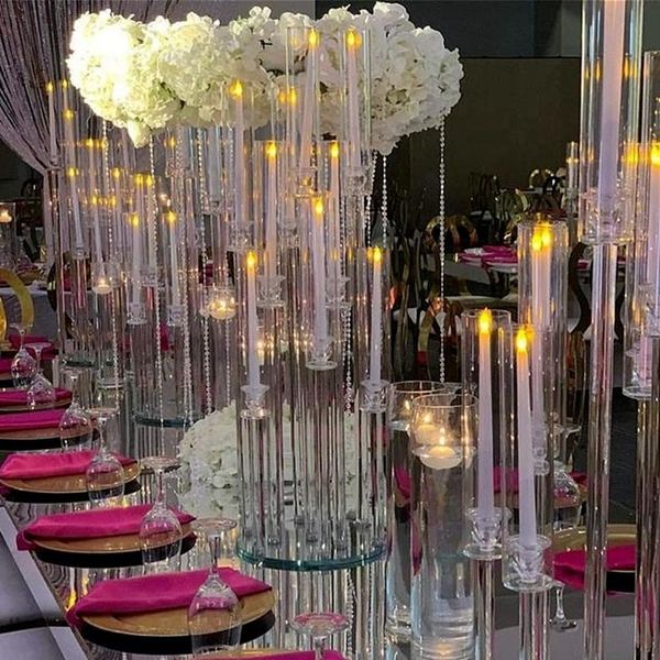 Party Decoration Wholesale 10 Arms Long Stemmed Modern Clear Acrylic Tube Hurricane Crystal Candle Holders Wedding Table Centerpieces Candel