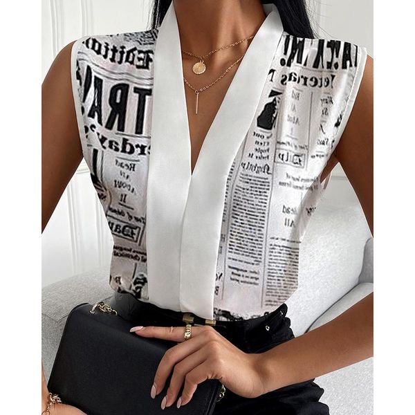 Women&#039;s Blouses & Shirts Women Summer Fashion Female Top Nespaper Print V Neck Long Sleevless Casual Blouse Tops B3