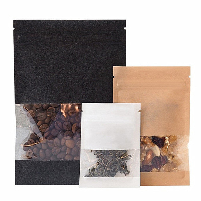 100pcs Flat Bottom Kraft Black White Paper Window Zip Lock Bag Resealable Snack Coffee Beans Powder Candy Capsule Nuts Tea Heat Sealing Packaging Po