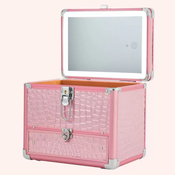 Large capacity portable LED light mirror cosmetic case Female travel artist makeup bag nail tattoo box woman suitcase handbag Aluminum frame