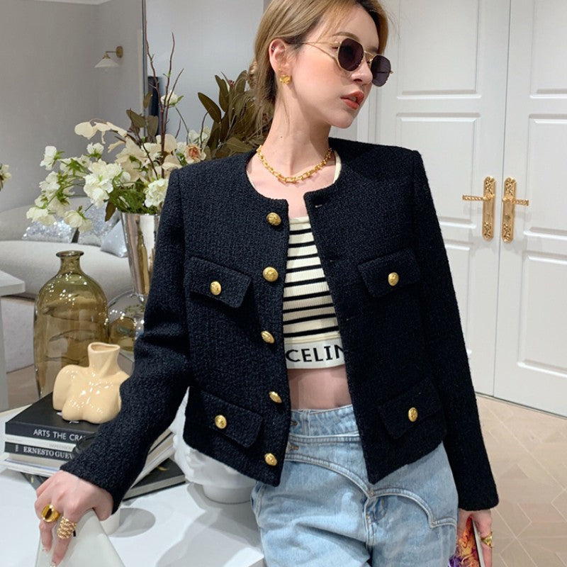 Small Fragrance Women Black Tweed Outerwear Autumn Winter Golden Button Blends Wool Female Long Sleeve Jacket Coat