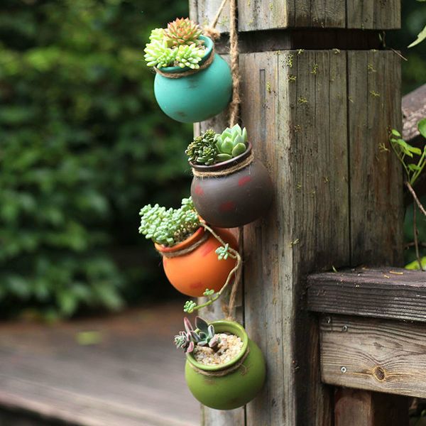 Planters Pots 4pcs Wall-mounted Ceramic Flower Pot Hanging Succulent Cactus Bonsai Planters Container Hemp Rope Garden Decoration 220406 S24
