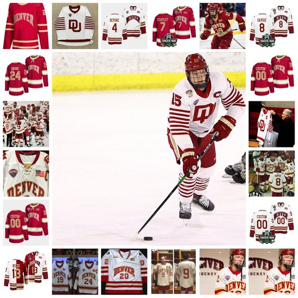 2022 NCAA Frozen Four Championship Custom Denver Pioneers DU ICE Hockey Jersey 29 Peter Mannino 2 Sean Behrens 3 Antti Tuomisto 4 Jack Devin