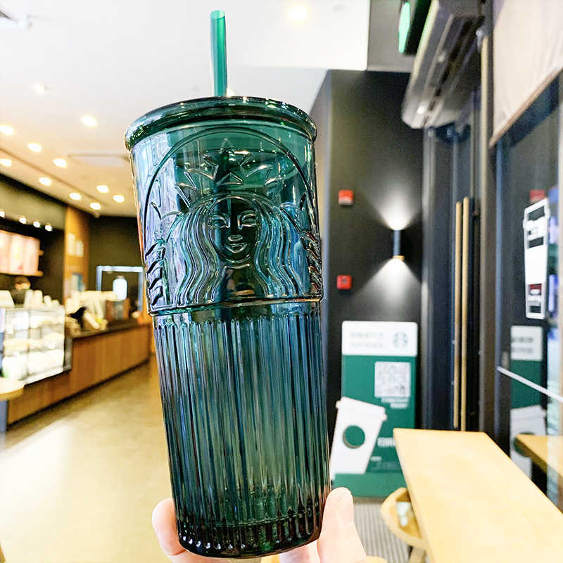 Genuine Starbucks cup Dark Green Goddess glass high capacity ins wind high beauty straw desktop water cup