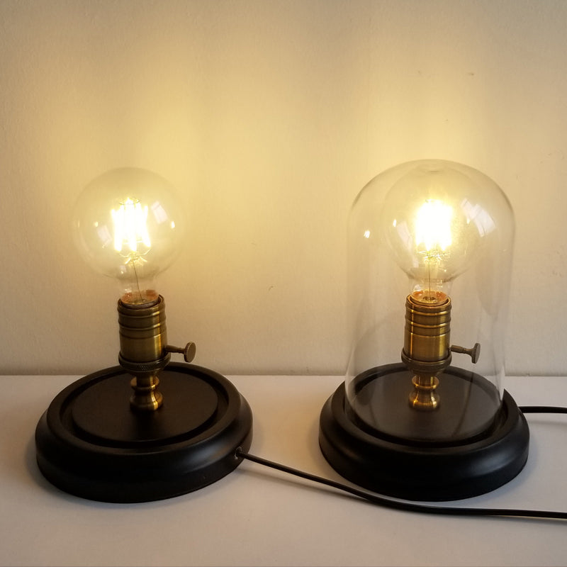 Retro Industrial Wooden Base Table Lamp - Versatile LED Lighting with Edison Bulbs and Glass Shades