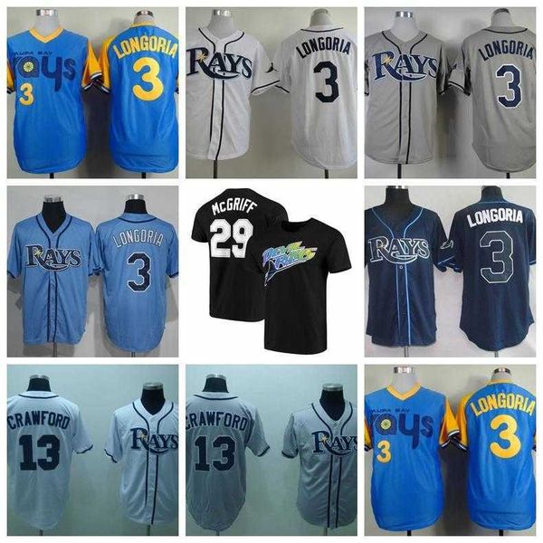Retro Baseball 3 Evan Longoria Jersey 13 Carl Crawford 29 Fred McGriff 66 Don Zimmer 19 Aubrey Huff 1988 Vintage Blue White Grey Retire