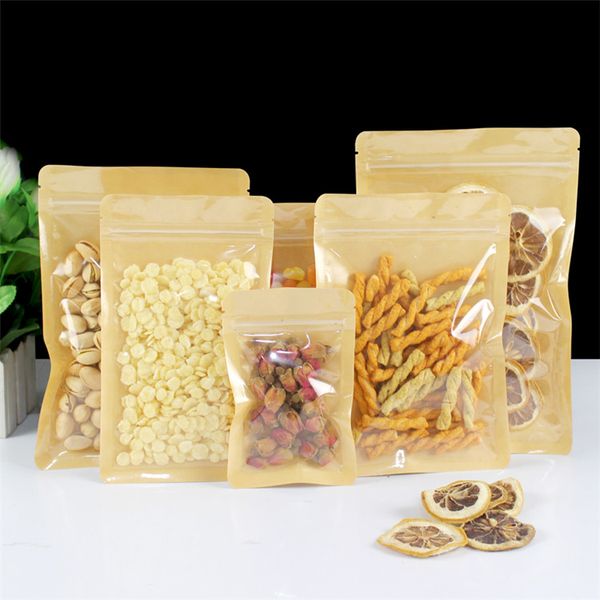 100pcs Clear Front Flat Bottom Kraft Paper Packaging Bags One Side Clear Coffee Beans Dried Fruit Bakery Snack Candy Wedding X-mas Gifts Res