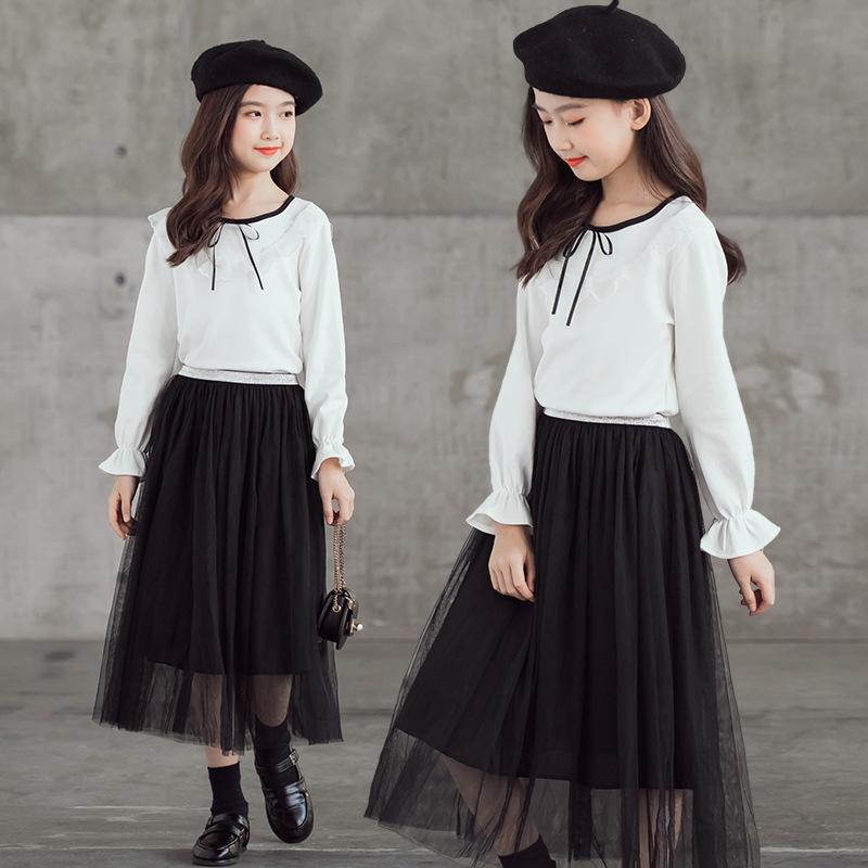 Clothing Sets 2022 Girl Clothes Suit Boutique Kids Autumn Girls Bow Shirts + Black Skirts 2 Pcs Set 4 6 8 10 12 14 Y Children